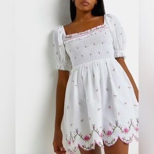 River Island embroidered smocked scalloped mini dress coverup puff sleeve floral